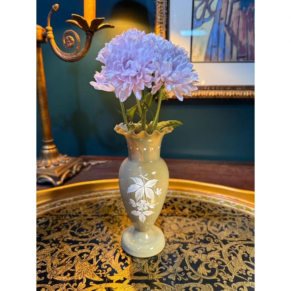 Vintage Hand-Painted Floral Glass Vase:‎ Tan Bristol Style, 7.5